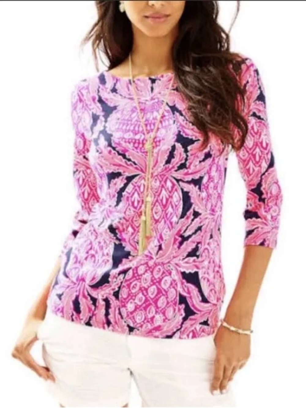 LILLY PULITZER Waverly Top in Coco Safari Navy Pink Pineapple Tropical Size L